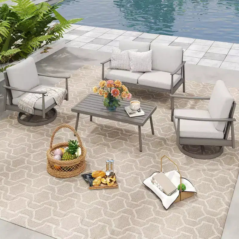 HAPPATIO Set di Mobili da Esterno per Patio, Set da Conversazione da 4 Pezzi in Alluminio con Tavolino da Caffè, Sedie Girevoli e Divanetto per Cortile, Terrazza, Piscina