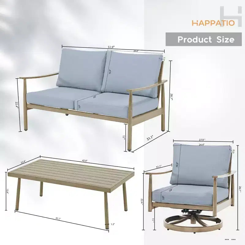 HAPPATIO Ensemble de mobilier de jardin 4 pièces avec table basse, fauteuils pivotants et causeuse en aluminium, pour patio, terrasse ou bord de piscine