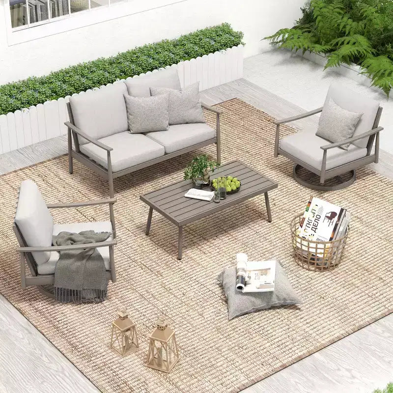 HAPPATIO Set di Mobili da Esterno per Patio, Set da Conversazione da 4 Pezzi in Alluminio con Tavolino da Caffè, Sedie Girevoli e Divanetto per Cortile, Terrazza, Piscina