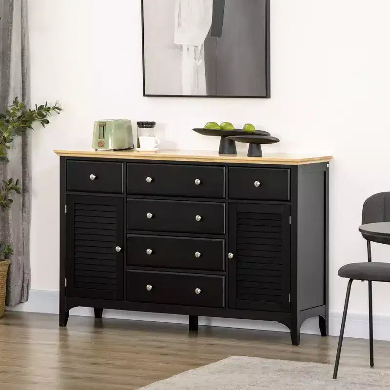 Buffet de salle à manger avec tiroirs de rangement, plateau en bois d'hévéa et étagères réglables, meuble de cuisine, meuble bar à café