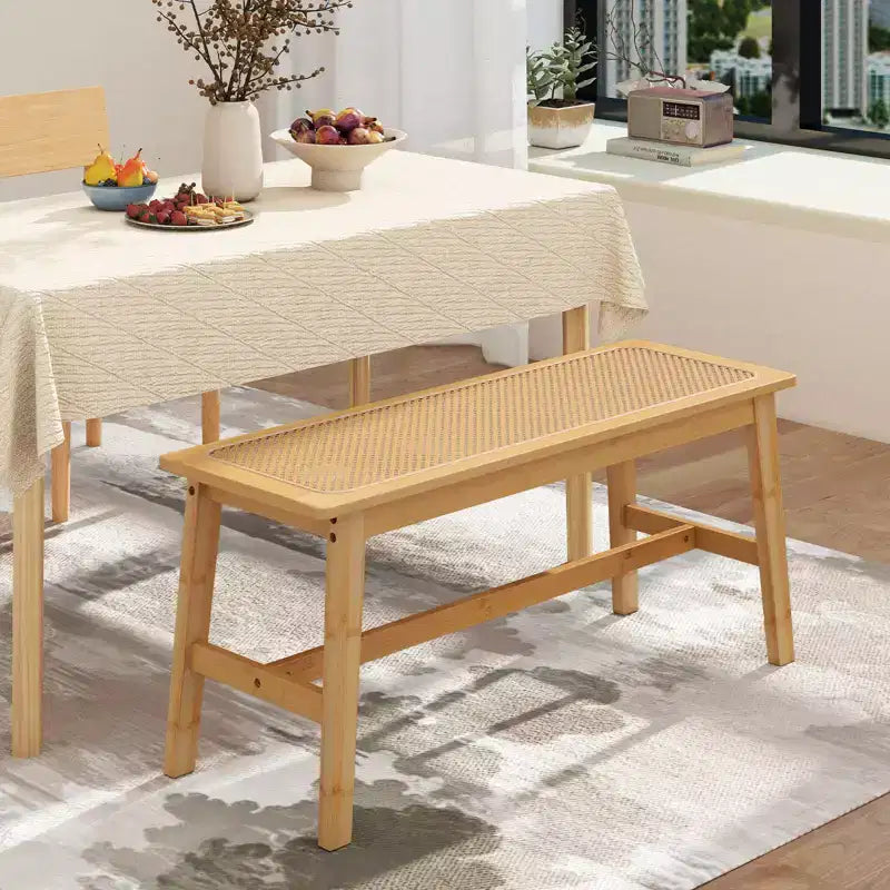 Panca da pranzo in bambù da 39,5" con seduta in rattan intrecciato a mano, panca da ingresso in legno