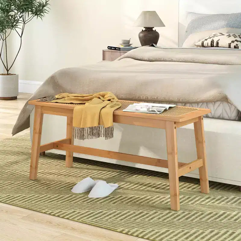 Panca da pranzo in bambù da 39,5" con seduta in rattan intrecciato a mano, panca da ingresso in legno