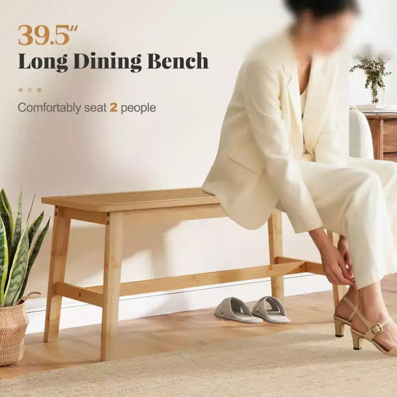 Panca da pranzo in bambù da 39,5" con seduta in rattan intrecciato a mano, panca da ingresso in legno