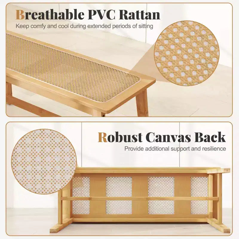 Panca da pranzo in bambù da 39,5" con seduta in rattan intrecciato a mano, panca da ingresso in legno