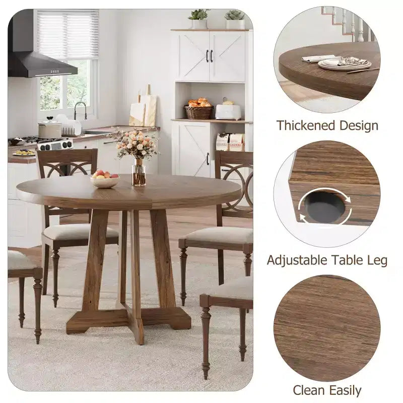 Tavolo da pranzo rotondo da 47" per 4 persone, tavolo da cucina con piedistallo in legno con base robusta e piano in 4 sezioni, tavolo da pranzo in stile rustico per sala da pranzo