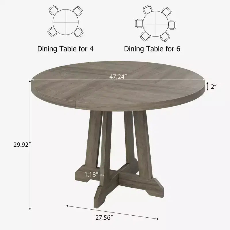 Tavolo da pranzo rotondo da 47" per 4 persone, tavolo da cucina con piedistallo in legno con base robusta e piano in 4 sezioni, tavolo da pranzo in stile rustico per sala da pranzo