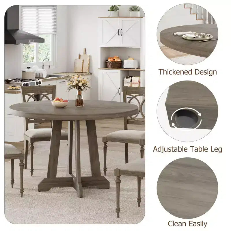 Tavolo da pranzo rotondo da 47" per 4 persone, tavolo da cucina con piedistallo in legno con base robusta e piano in 4 sezioni, tavolo da pranzo in stile rustico per sala da pranzo