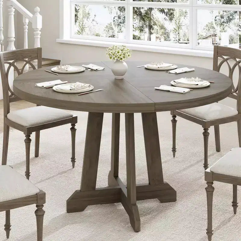 Tavolo da pranzo rotondo da 47" per 4 persone, tavolo da cucina con piedistallo in legno con base robusta e piano in 4 sezioni, tavolo da pranzo in stile rustico per sala da pranzo
