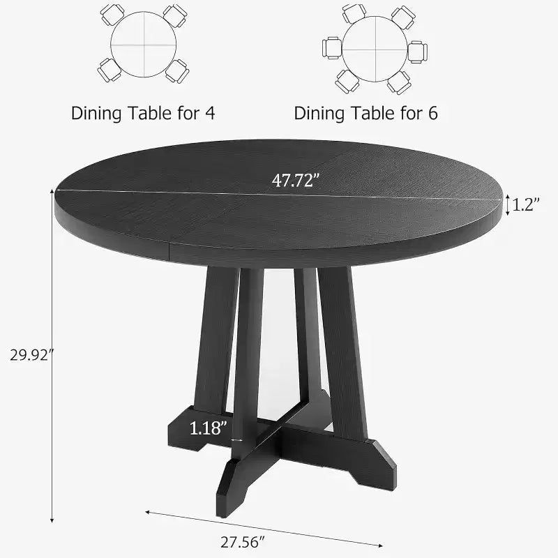 Tavolo da pranzo rotondo da 47" per 4 persone, tavolo da cucina con piedistallo in legno con base robusta e piano in 4 sezioni, tavolo da pranzo in stile rustico per sala da pranzo