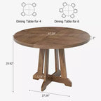 Tavolo da pranzo rotondo da 47" per 4 persone, tavolo da cucina con piedistallo in legno con base robusta e piano in 4 sezioni, tavolo da pranzo in stile rustico per sala da pranzo