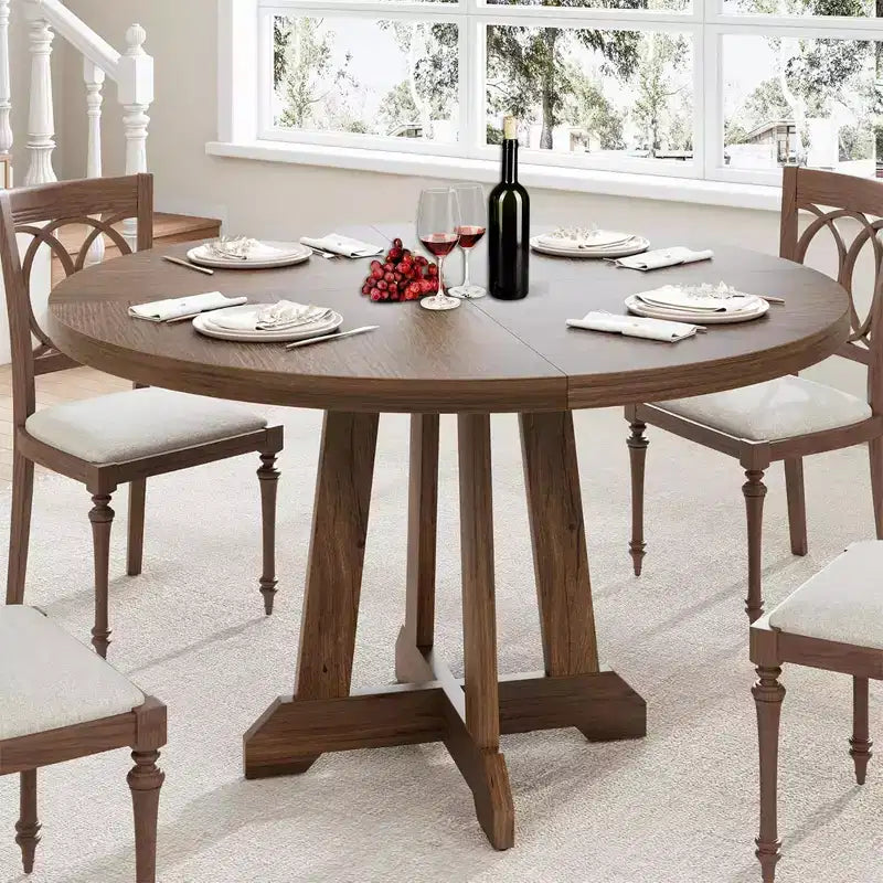 Tavolo da pranzo rotondo da 47" per 4 persone, tavolo da cucina con piedistallo in legno con base robusta e piano in 4 sezioni, tavolo da pranzo in stile rustico per sala da pranzo
