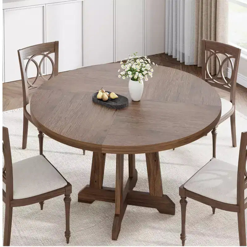 Tavolo da pranzo rotondo da 47" per 4 persone, tavolo da cucina con piedistallo in legno con base robusta e piano in 4 sezioni, tavolo da pranzo in stile rustico per sala da pranzo