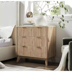 GustoWave 32'' Farmhouse Fluted Nightstand, Modern 3 Drawer Bedside Table with Gold Handle, Waveform Panels End Table