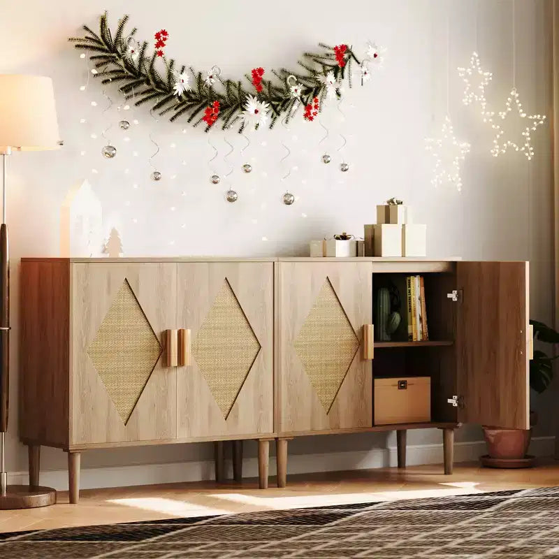 COZONY Buffet en rotin avec rangement, Armoire de rangement de cuisine moderne avec portes en rotin pour salon, salle à manger, entrée