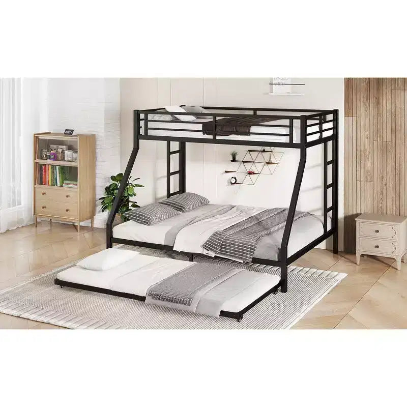 Letto a Castello in Metallo Twin XL sopra Queen con Letto Estraibile, Struttura per Tre Letti Resistente, con Scale e Sponde di Protezione, Silenzioso, Nero
