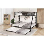 Letto a Castello in Metallo Twin XL sopra Queen con Letto Estraibile, Struttura per Tre Letti Resistente, con Scale e Sponde di Protezione, Silenzioso, Nero