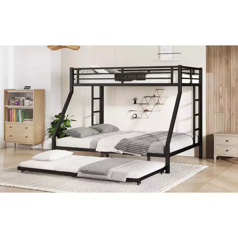 Letto a Castello in Metallo Twin XL sopra Queen con Letto Estraibile, Struttura per Tre Letti Resistente, con Scale e Sponde di Protezione, Silenzioso, Nero