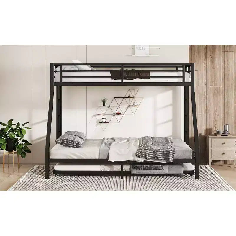 Letto a Castello in Metallo Twin XL sopra Queen con Letto Estraibile, Struttura per Tre Letti Resistente, con Scale e Sponde di Protezione, Silenzioso, Nero