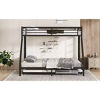 Letto a Castello in Metallo Twin XL sopra Queen con Letto Estraibile, Struttura per Tre Letti Resistente, con Scale e Sponde di Protezione, Silenzioso, Nero