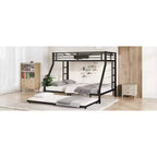 Letto a Castello in Metallo Twin XL sopra Queen con Letto Estraibile, Struttura per Tre Letti Resistente, con Scale e Sponde di Protezione, Silenzioso, Nero