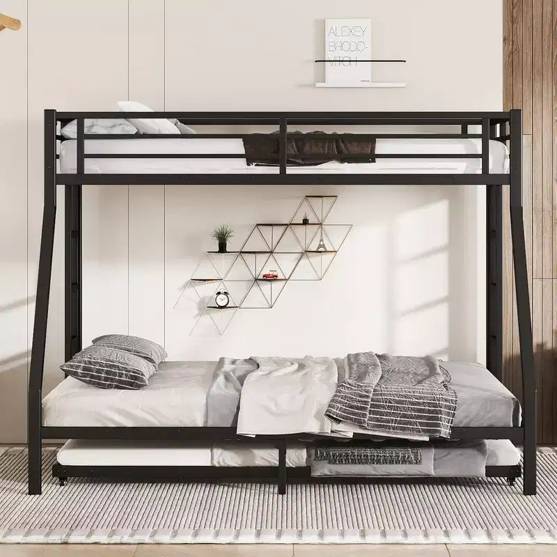 Letto a Castello in Metallo Twin XL sopra Queen con Letto Estraibile, Struttura per Tre Letti Resistente, con Scale e Sponde di Protezione, Silenzioso, Nero