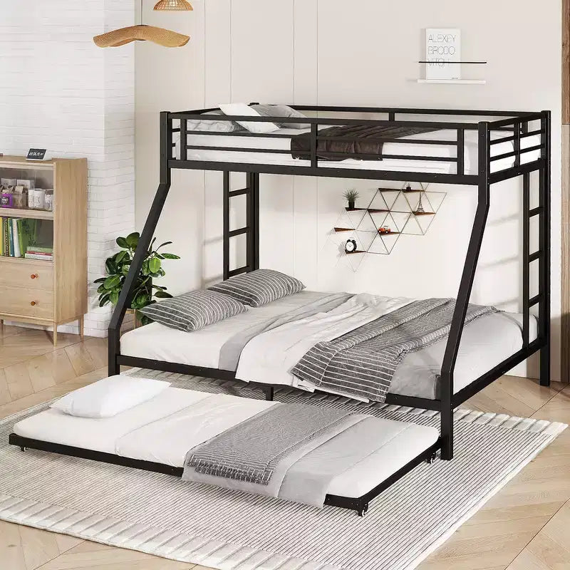 Letto a Castello in Metallo Twin XL sopra Queen con Letto Estraibile, Struttura per Tre Letti Resistente, con Scale e Sponde di Protezione, Silenzioso, Nero