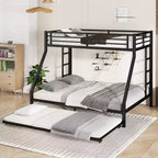 Letto a Castello in Metallo Twin XL sopra Queen con Letto Estraibile, Struttura per Tre Letti Resistente, con Scale e Sponde di Protezione, Silenzioso, Nero