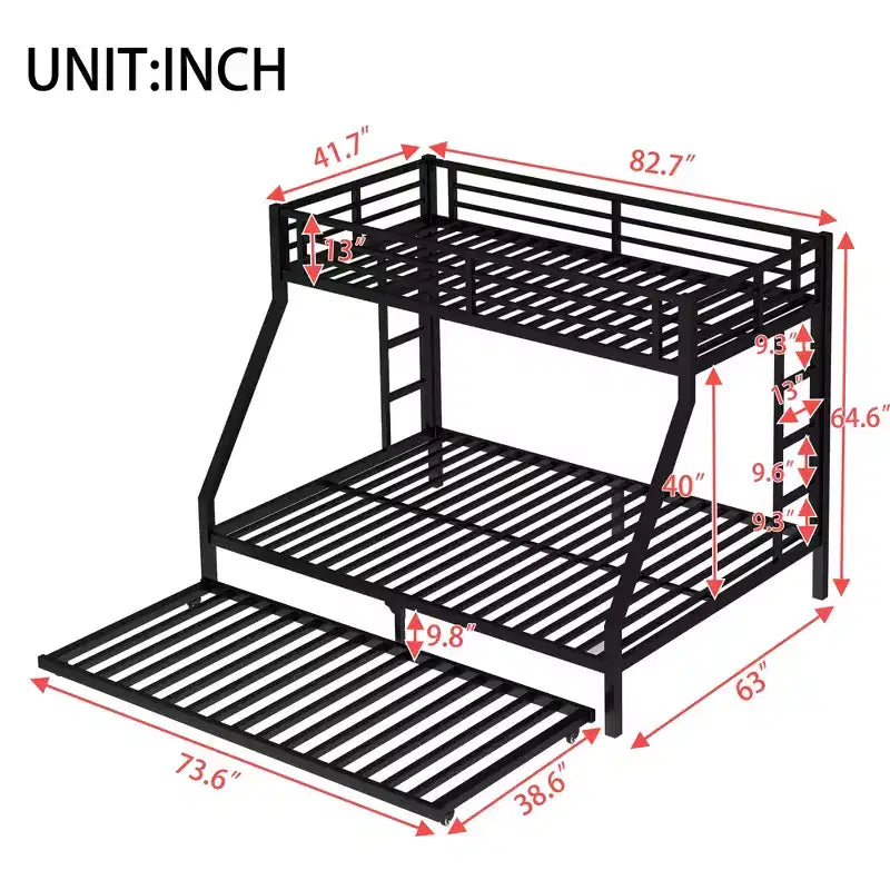 Letto a Castello in Metallo Twin XL sopra Queen con Letto Estraibile, Struttura per Tre Letti Resistente, con Scale e Sponde di Protezione, Silenzioso, Nero
