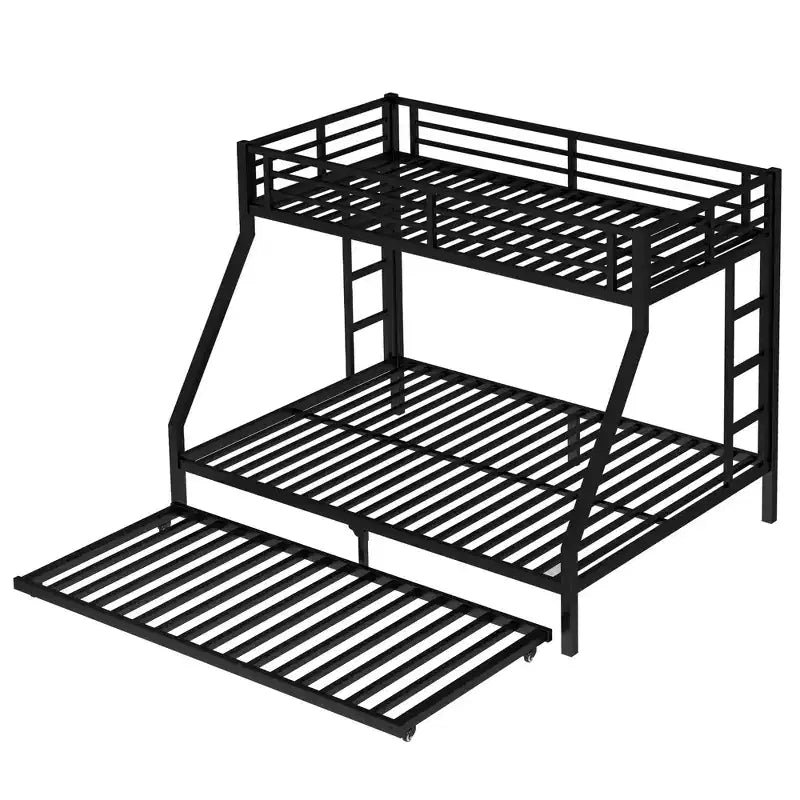 Letto a Castello in Metallo Twin XL sopra Queen con Letto Estraibile, Struttura per Tre Letti Resistente, con Scale e Sponde di Protezione, Silenzioso, Nero