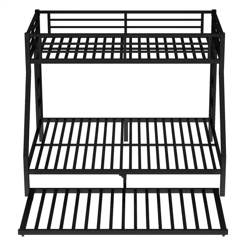 Letto a Castello in Metallo Twin XL sopra Queen con Letto Estraibile, Struttura per Tre Letti Resistente, con Scale e Sponde di Protezione, Silenzioso, Nero