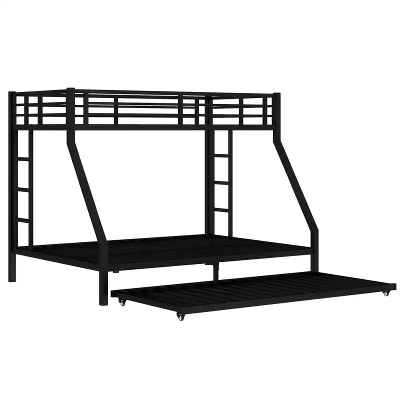 Letto a Castello in Metallo Twin XL sopra Queen con Letto Estraibile, Struttura per Tre Letti Resistente, con Scale e Sponde di Protezione, Silenzioso, Nero