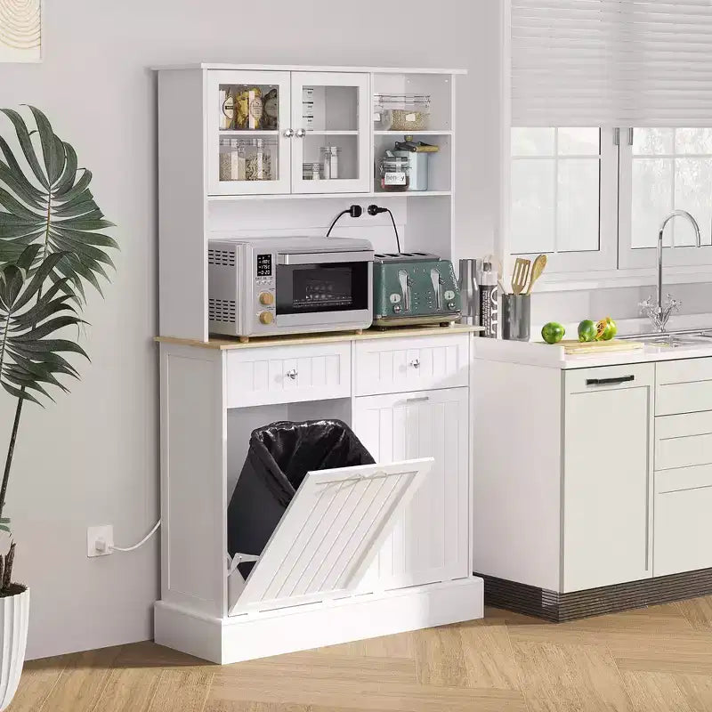 Mobiletto da cucina con stazione di ricarica, 2 armadietti a ribalta, supporto per microonde, mobiletto indipendente per dispensa