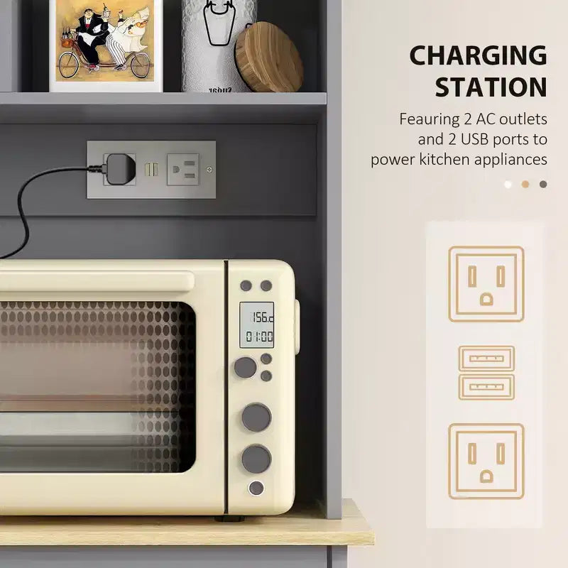 Mobiletto da cucina con stazione di ricarica, 2 armadietti a ribalta, supporto per microonde, mobiletto indipendente per dispensa