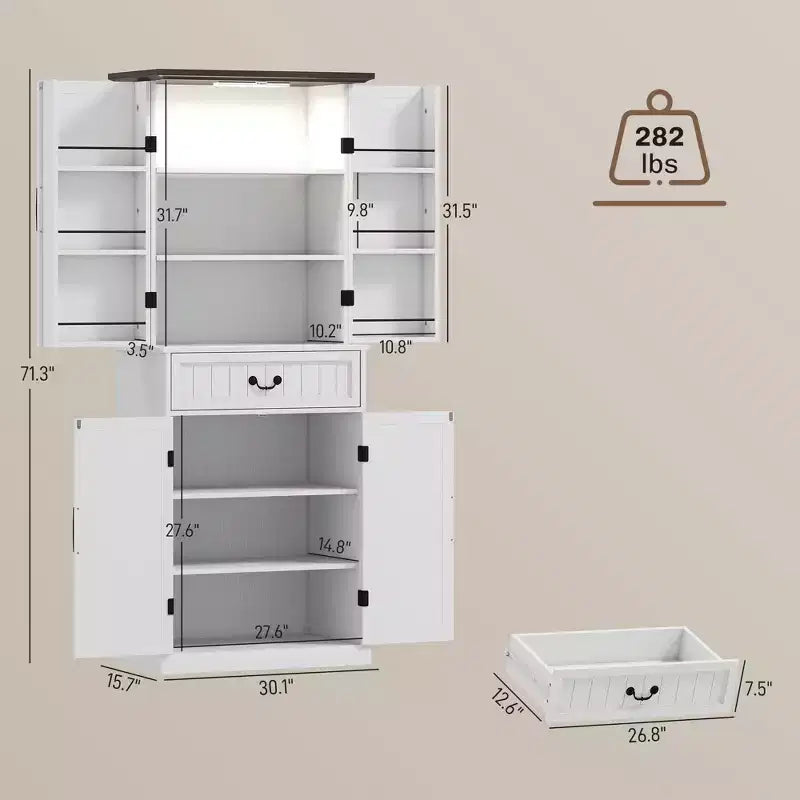 Dispensa da cucina con 71 LED, mobiletto da dispensa in stile rustico con mensole e ante