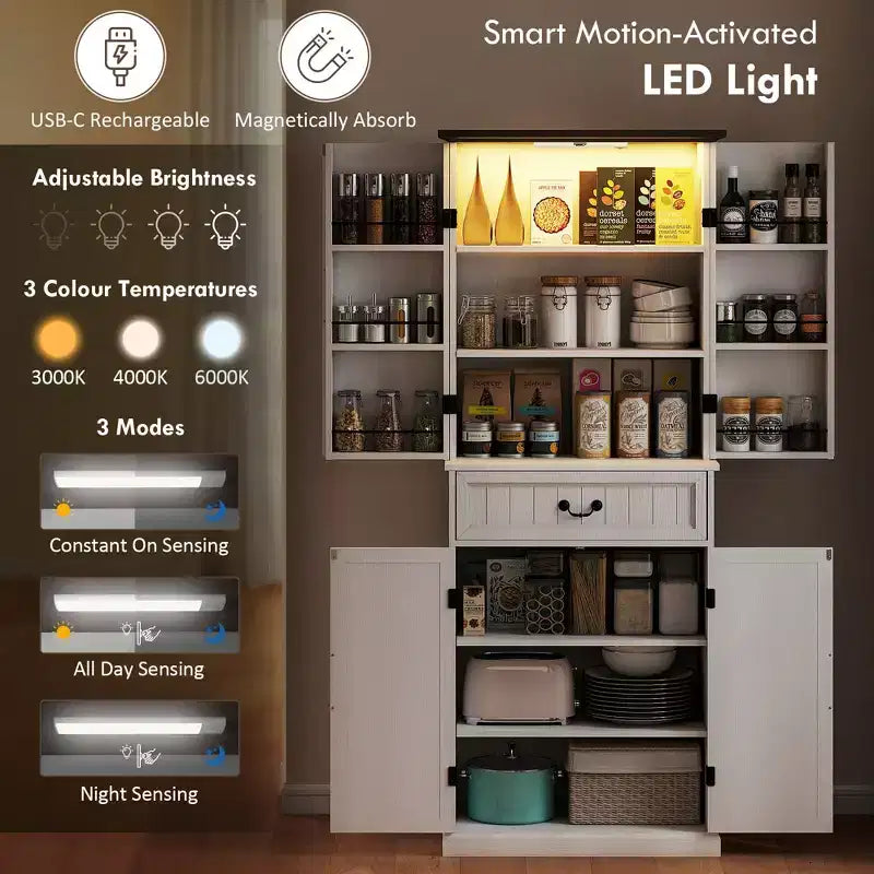 Dispensa da cucina con 71 LED, mobiletto da dispensa in stile rustico con mensole e ante