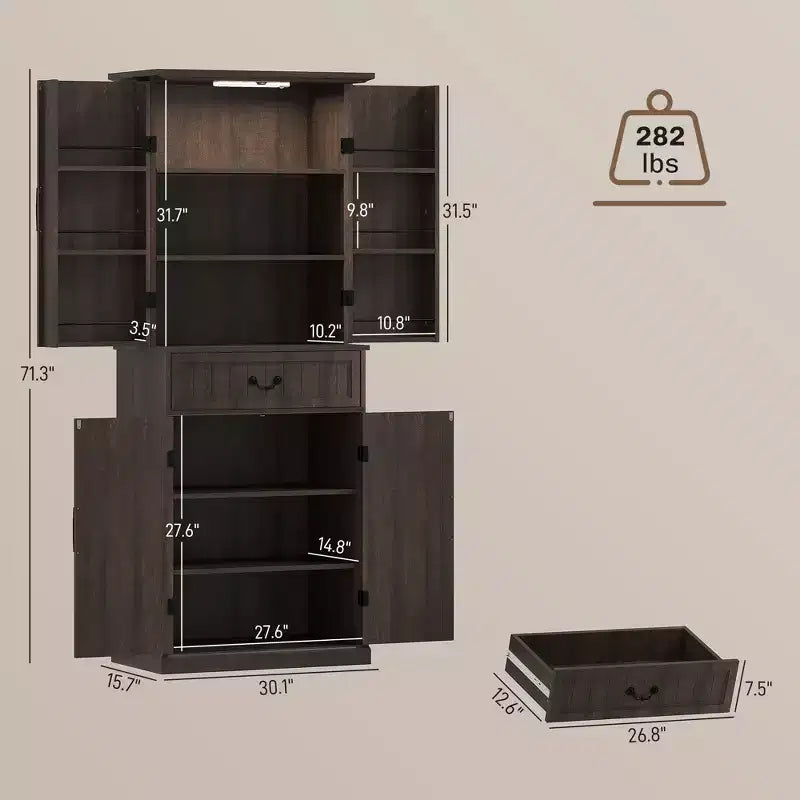 Dispensa da cucina con 71 LED, mobiletto da dispensa in stile rustico con mensole e ante