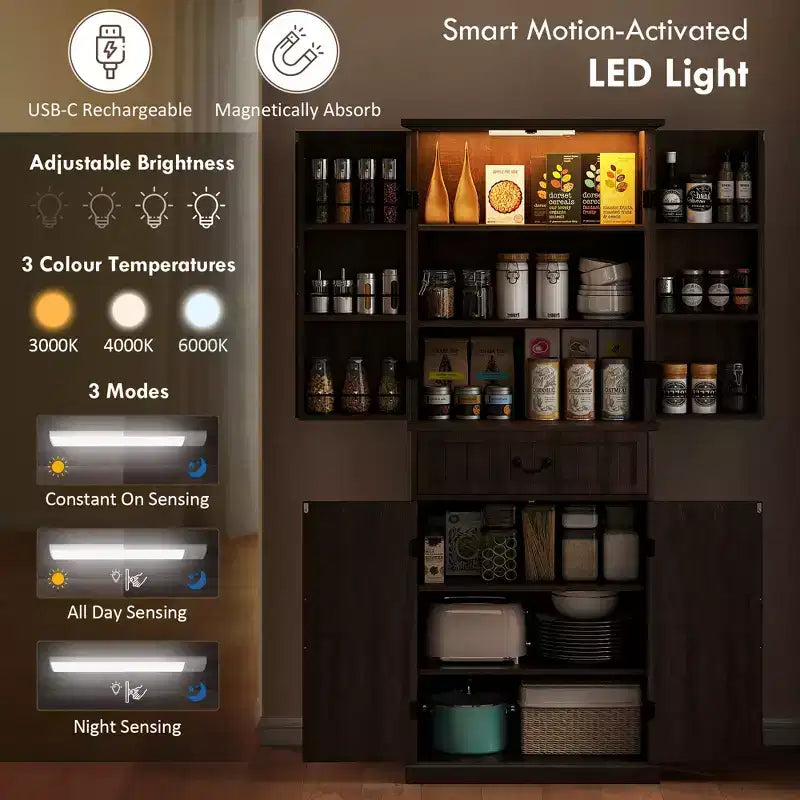 Dispensa da cucina con 71 LED, mobiletto da dispensa in stile rustico con mensole e ante