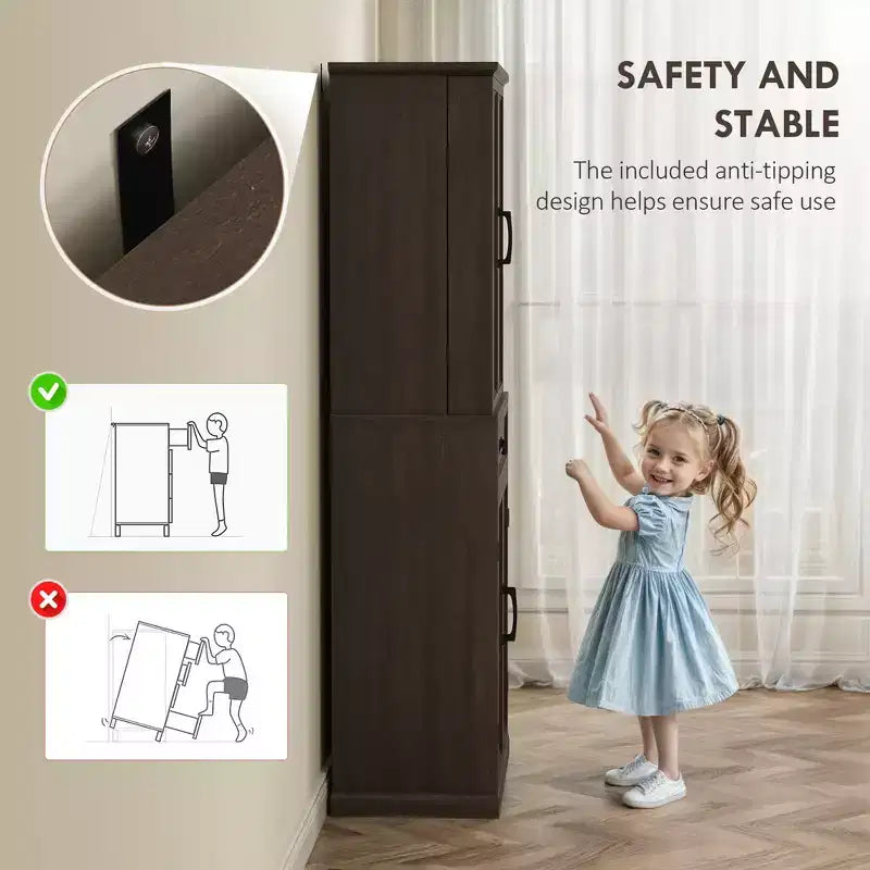 Dispensa da cucina con 71 LED, mobiletto da dispensa in stile rustico con mensole e ante