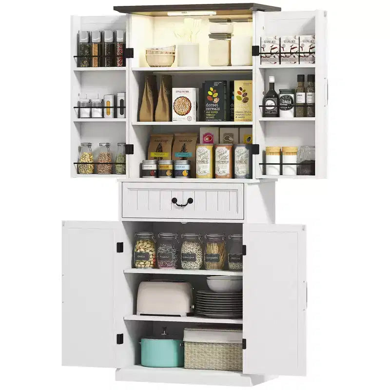 Dispensa da cucina con 71 LED, mobiletto da dispensa in stile rustico con mensole e ante