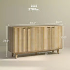 Madia con ante cannettate, Buffet da 140 cm con 4 ante, 2 ripiani regolabili, 5 gambe in legno