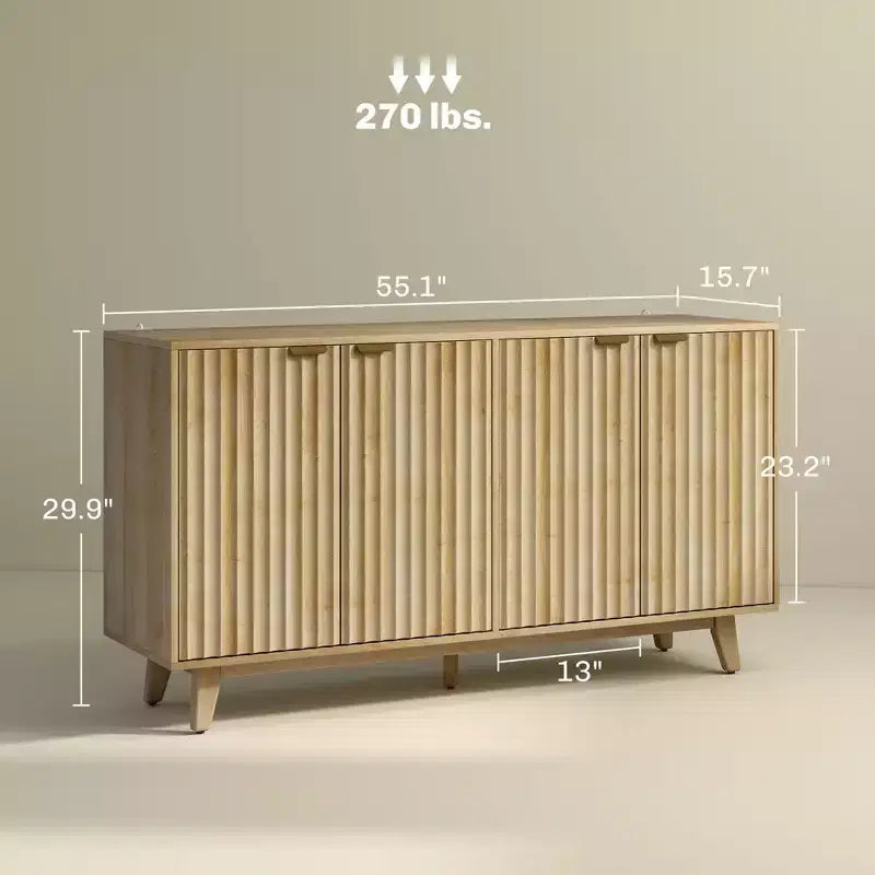 Madia con ante cannettate, Buffet da 140 cm con 4 ante, 2 ripiani regolabili, 5 gambe in legno