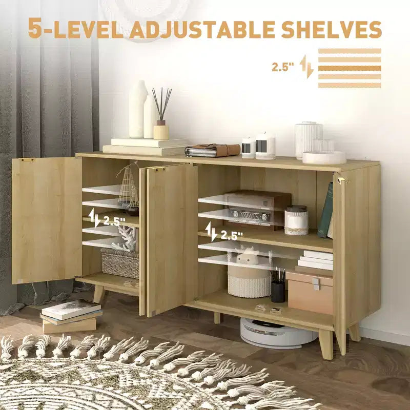 Madia con ante cannettate, Buffet da 140 cm con 4 ante, 2 ripiani regolabili, 5 gambe in legno