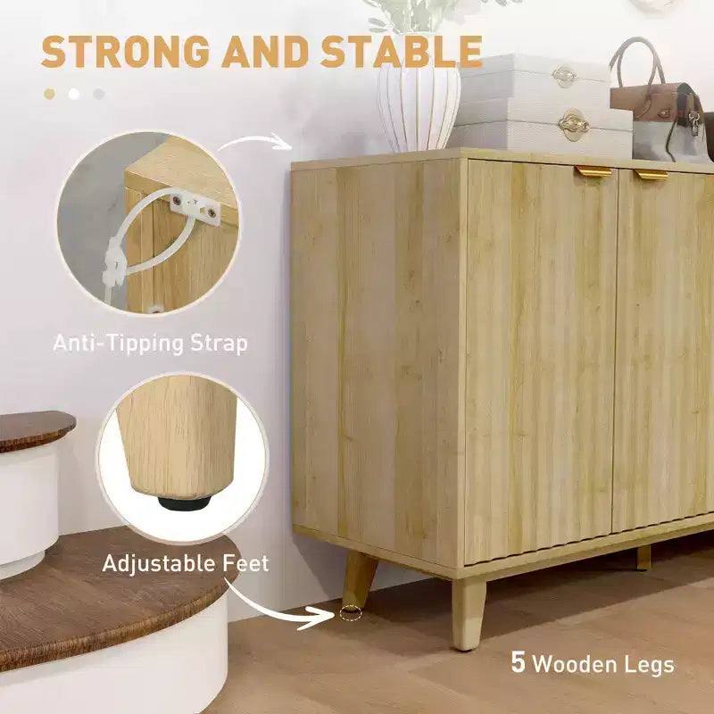 Madia con ante cannettate, Buffet da 140 cm con 4 ante, 2 ripiani regolabili, 5 gambe in legno