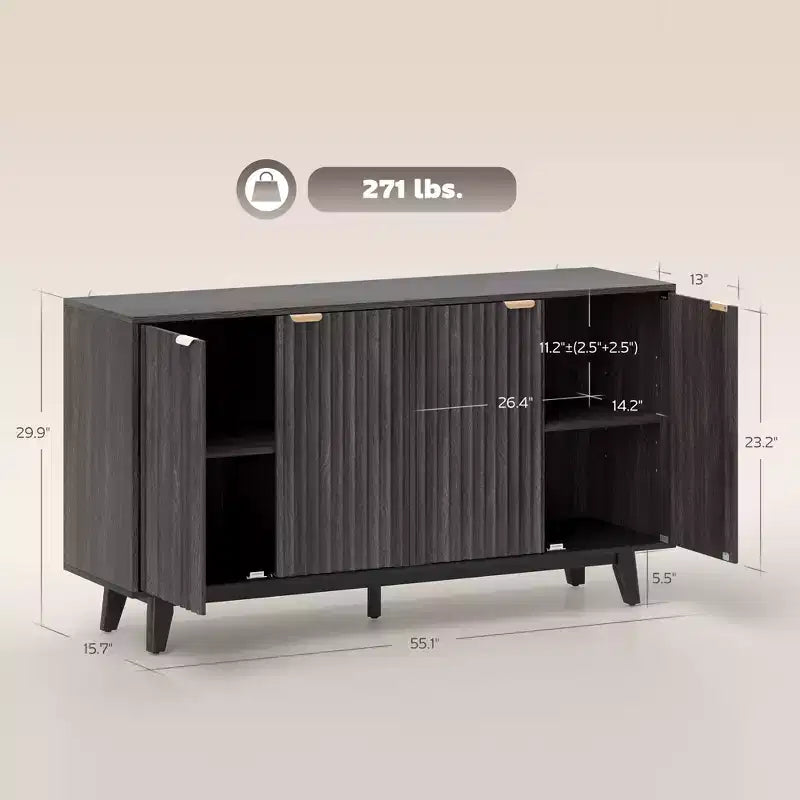 Madia con ante cannettate, Buffet da 140 cm con 4 ante, 2 ripiani regolabili, 5 gambe in legno