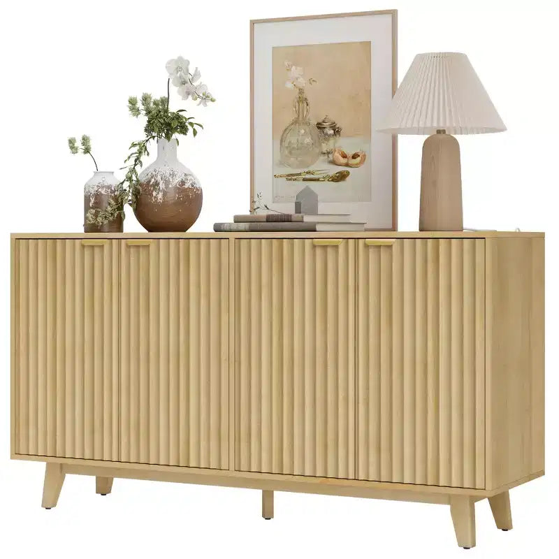 Buffet de salle à manger cannelé, buffet de bar à café de 55" avec 4 portes, 2 étagères réglables, 5 pieds en bois