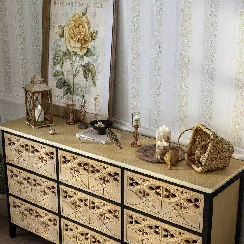 Famapy Cassettiera a 9 Cassetti, Comò con Rilievi Intagliati, Credenza Multiuso, Mobile Dispensa da Cucina, Pezzo d'Arte per Camera da Letto/Sala da Pranzo/Soggiorno