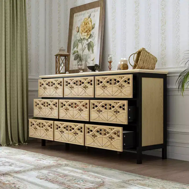 Famapy Cassettiera a 9 Cassetti, Comò con Rilievi Intagliati, Credenza Multiuso, Mobile Dispensa da Cucina, Pezzo d'Arte per Camera da Letto/Sala da Pranzo/Soggiorno