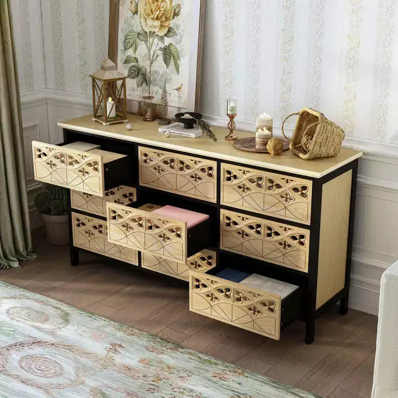 Famapy Cassettiera a 9 Cassetti, Comò con Rilievi Intagliati, Credenza Multiuso, Mobile Dispensa da Cucina, Pezzo d'Arte per Camera da Letto/Sala da Pranzo/Soggiorno