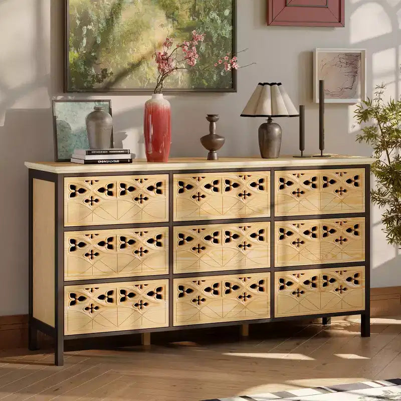 Famapy Cassettiera a 9 Cassetti, Comò con Rilievi Intagliati, Credenza Multiuso, Mobile Dispensa da Cucina, Pezzo d'Arte per Camera da Letto/Sala da Pranzo/Soggiorno