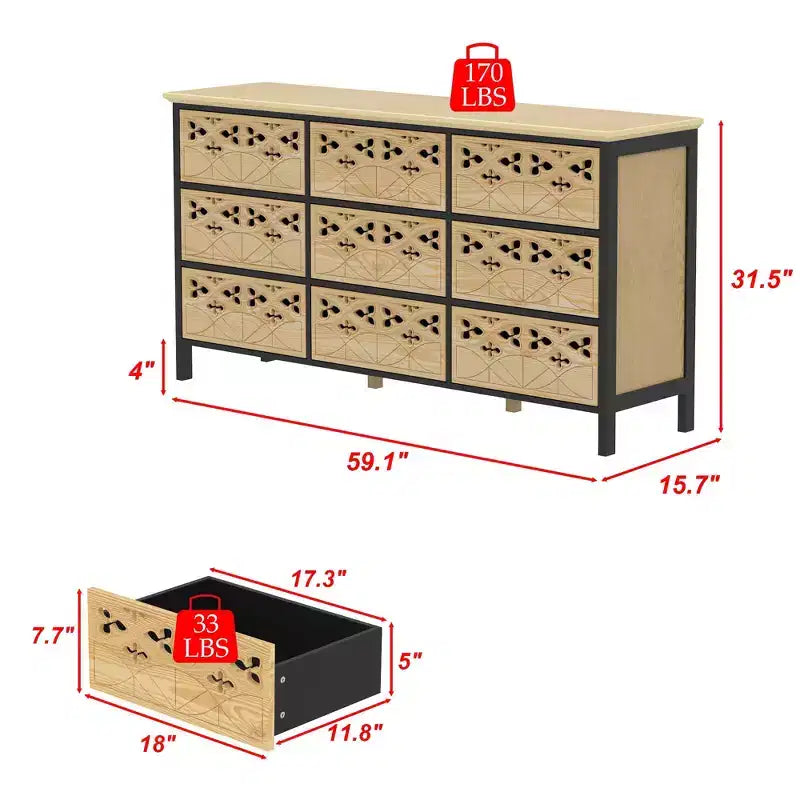 Famapy Cassettiera a 9 Cassetti, Comò con Rilievi Intagliati, Credenza Multiuso, Mobile Dispensa da Cucina, Pezzo d'Arte per Camera da Letto/Sala da Pranzo/Soggiorno